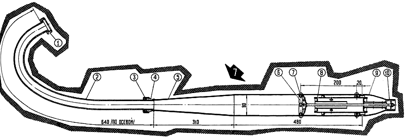Глушитель: 1 — гайка; 2 — выпускная труба; 3 — гайка с уплотнителем; 4 — муфта; 5 — корпус глушителя; 6 — отражатель; 7 — винт М6x10; 8 — глушащий элемент; 9 — колпак; 10 — решетка